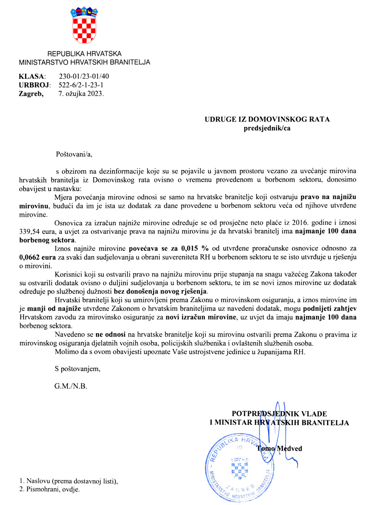 Obavijest mirovine 2023